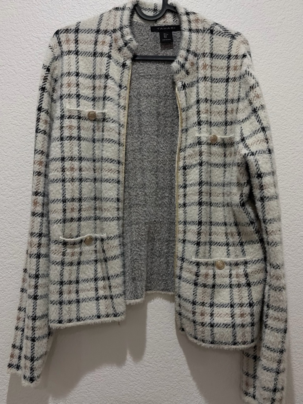 Tahari Cream Plaid Tweed Collarless Jacket with Gold Buttons